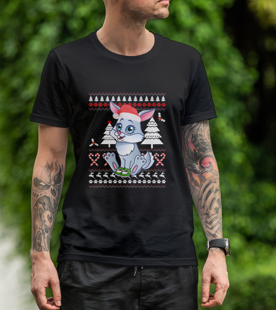 Rabbit Cute Ugly Christmas Santa Hat Candy Cane Trees T-Shirt