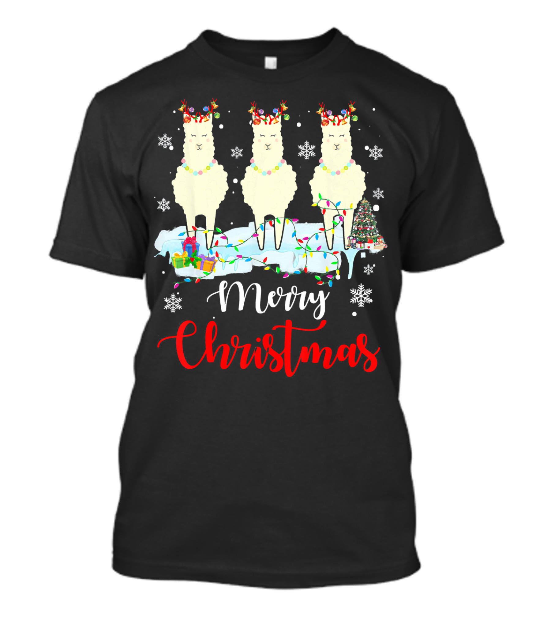 Merry Christmas Llama Lover With Festive Lights And Snowflakes T-Shirt