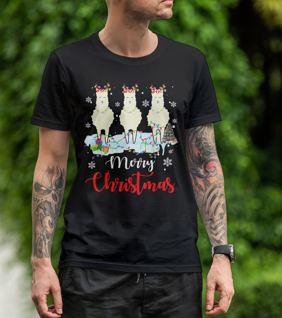 Merry Christmas Llama Lover With Festive Lights And Snowflakes T-Shirt