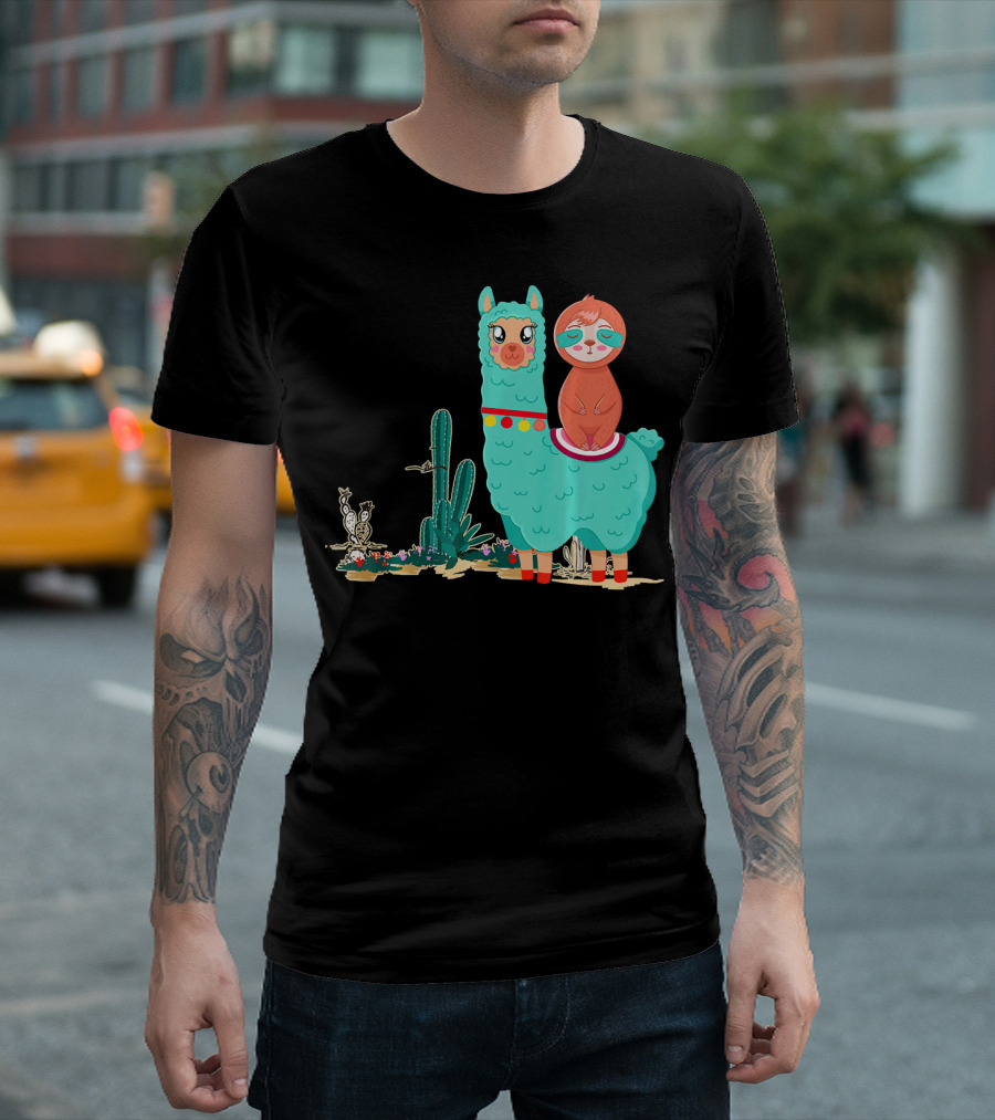Sloth Riding Llama Funny Alpaca Heart Cactus Desert Scene T-Shirt