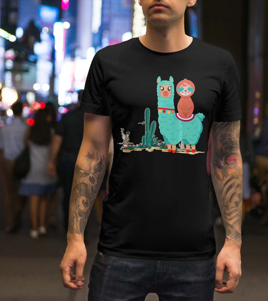 Sloth Riding Llama Funny Alpaca Heart Cactus Desert Scene T-Shirt