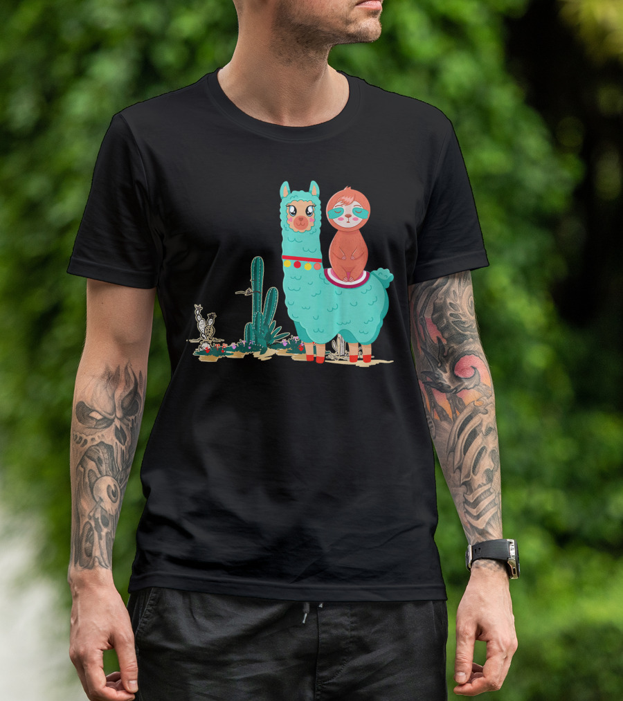 Sloth Riding Llama Funny Alpaca Heart Cactus Desert Scene T-Shirt