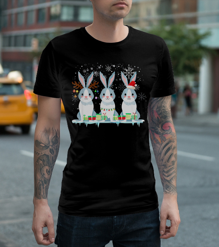 Rabbit Trio in Christmas Hats and Lights with Snowflakes and Gifts T-Shirt