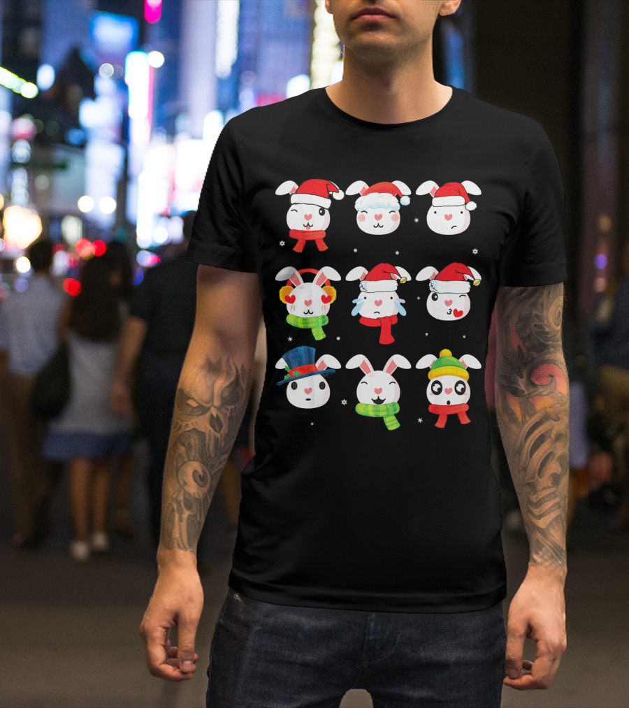 Nine Rabbit Faces With Noel Costume Dance Festive Expressions T-Shirt