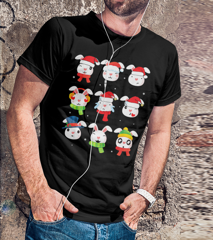 Nine Rabbit Faces With Noel Costume Dance Festive Expressions T-Shirt
