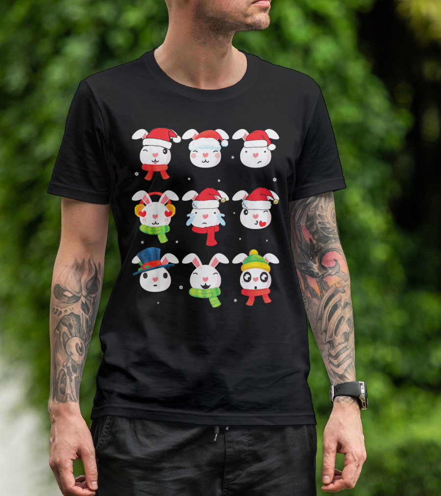 Nine Rabbit Faces With Noel Costume Dance Festive Expressions T-Shirt