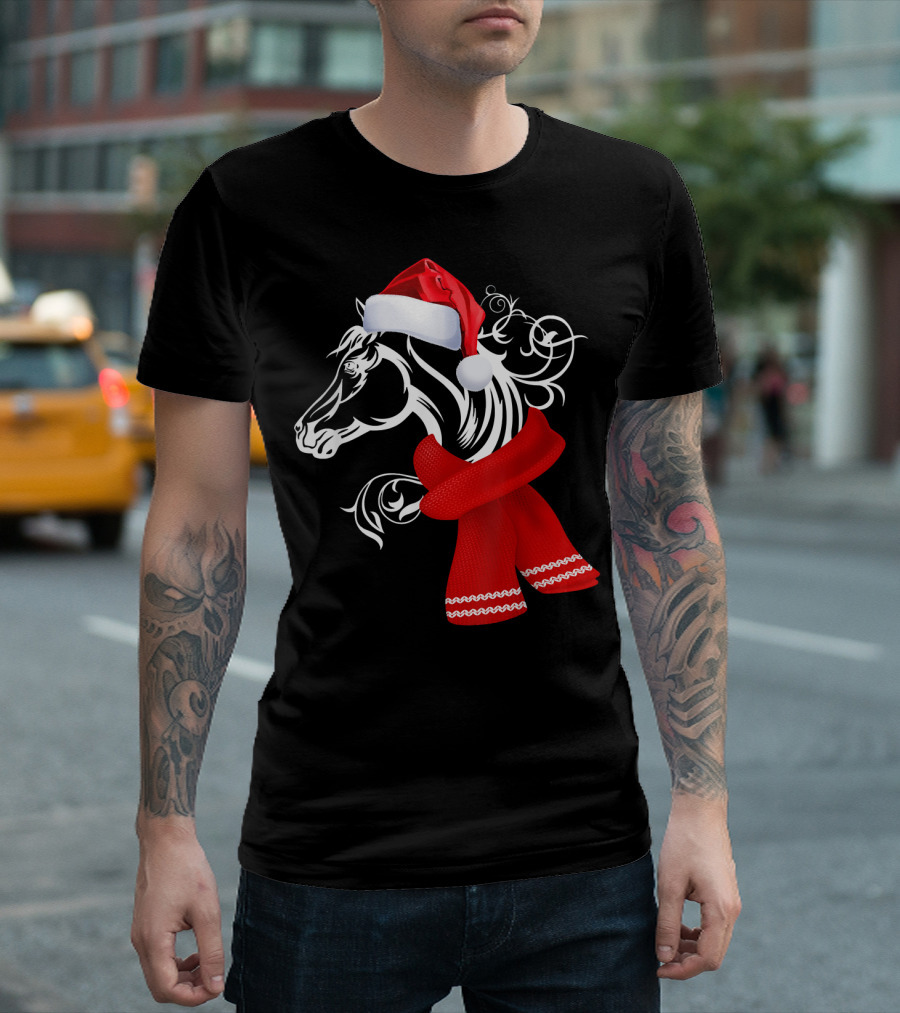 Merry Christmas Horse Lover Santa Hat Scarf T-Shirt