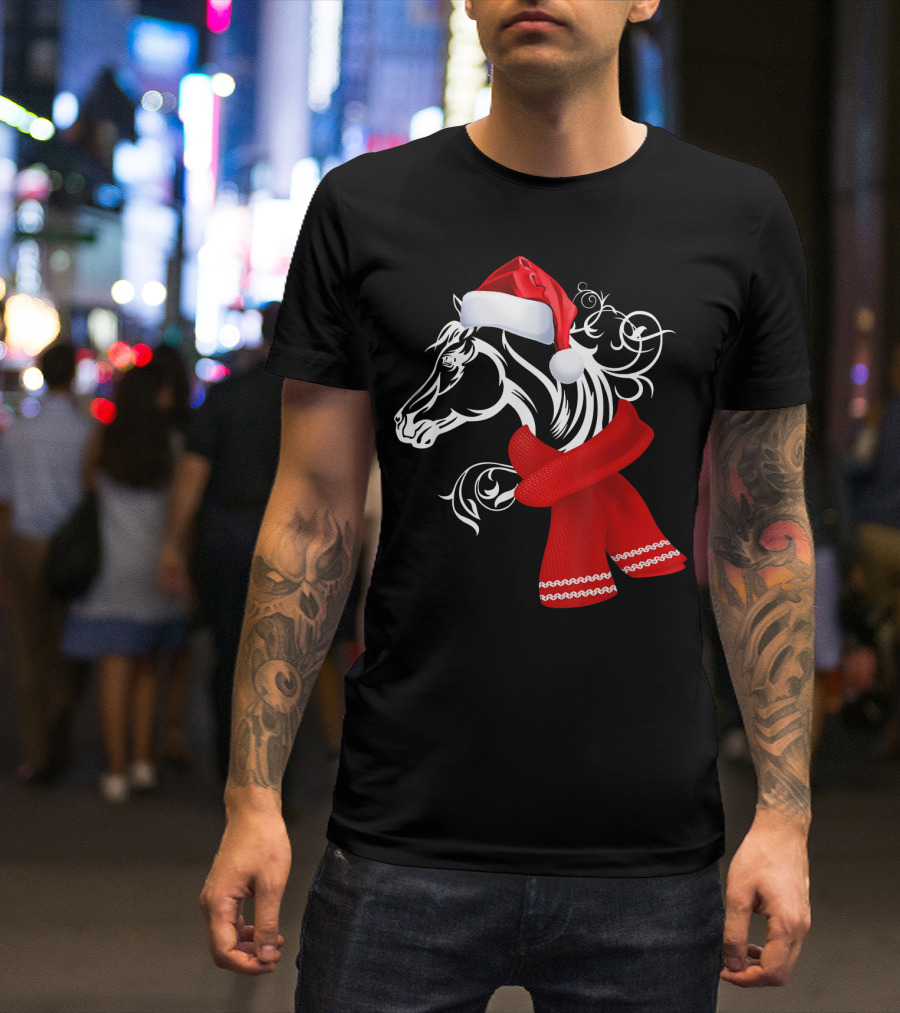Merry Christmas Horse Lover Santa Hat Scarf T-Shirt