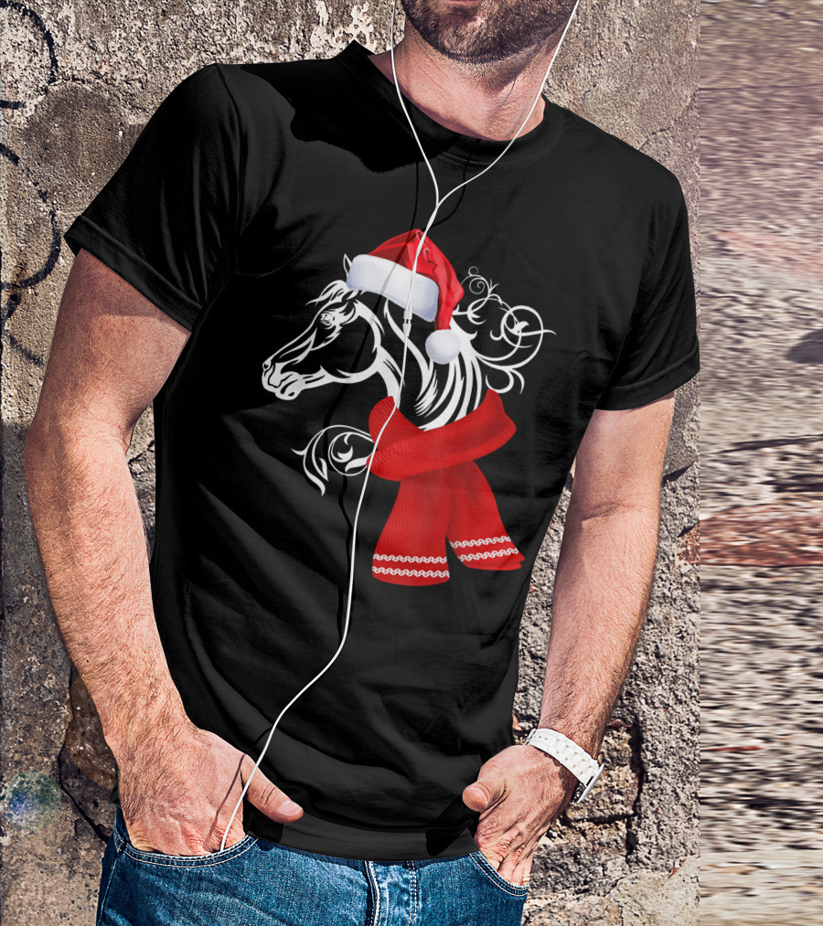 Merry Christmas Horse Lover Santa Hat Scarf T-Shirt