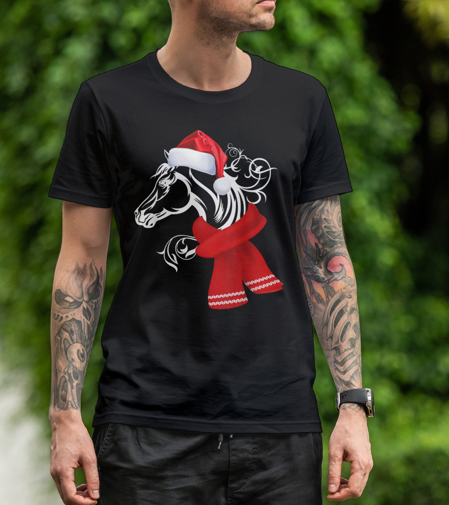 Merry Christmas Horse Lover Santa Hat Scarf T-Shirt