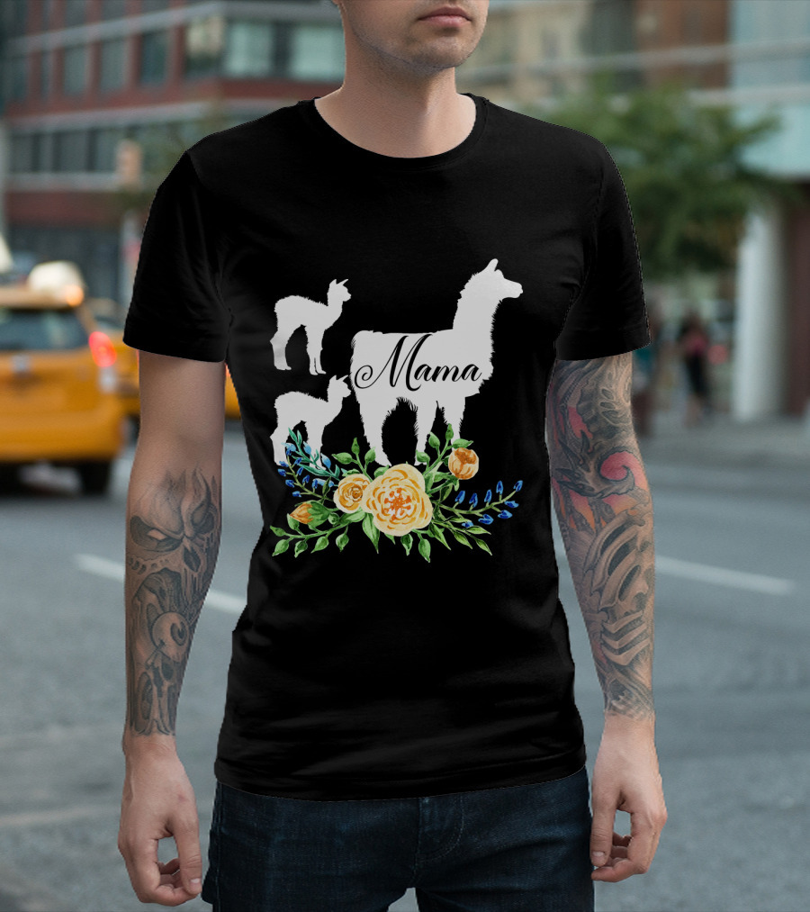 Mama Llama with Floral Design and Two Baby Llamas T-Shirt