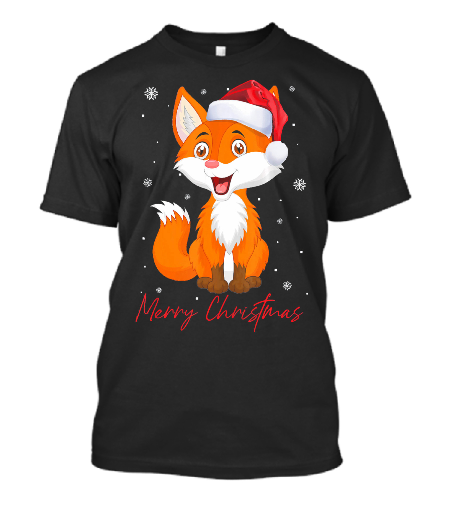 Merry Christmas Fox Santa Hat Snowflakes T-Shirt