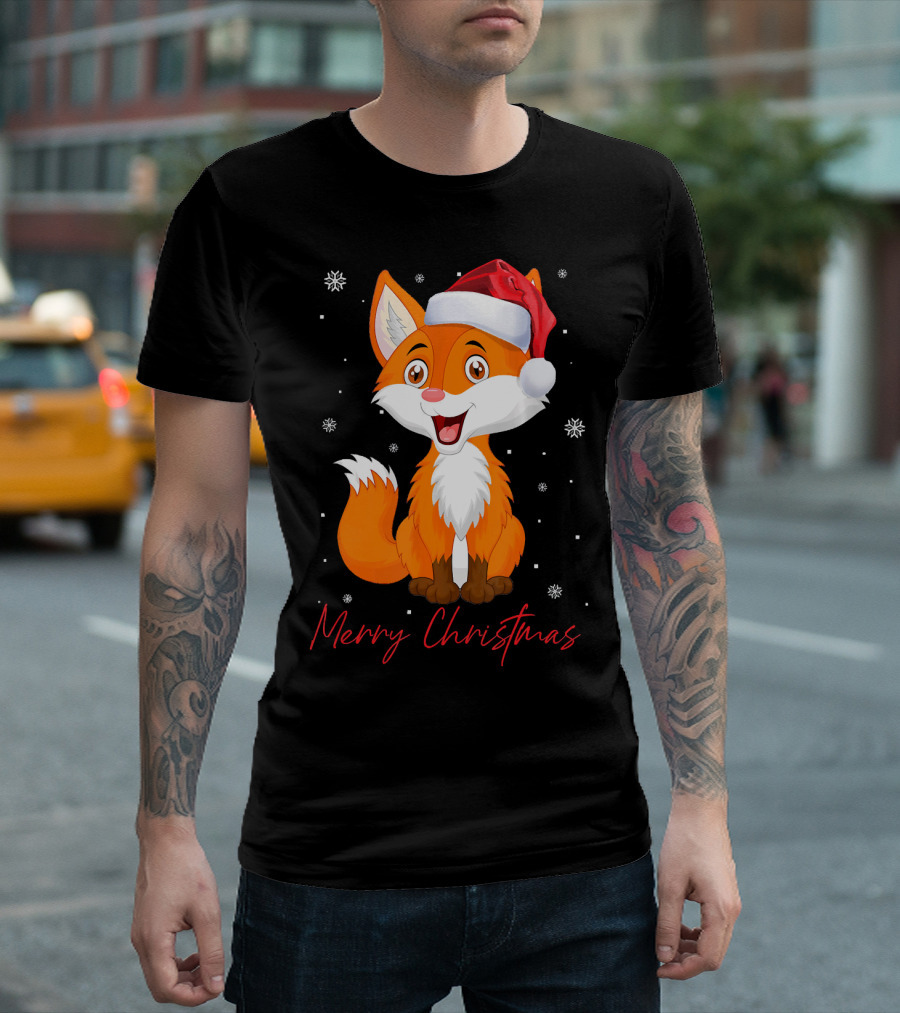 Merry Christmas Fox Santa Hat Snowflakes T-Shirt