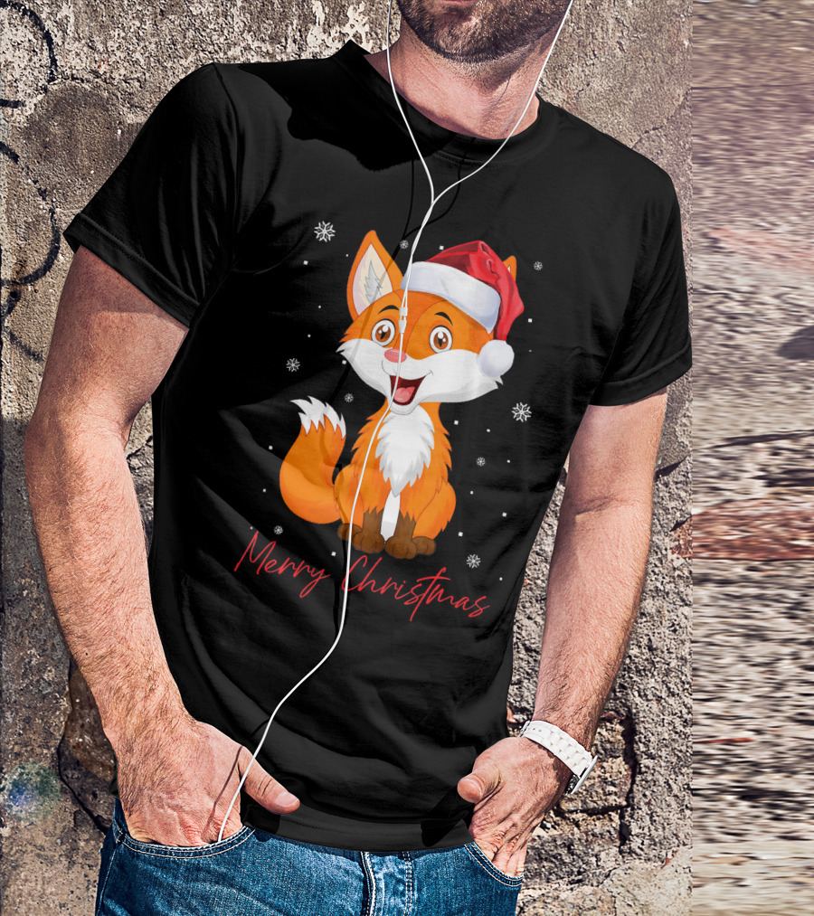Merry Christmas Fox Santa Hat Snowflakes T-Shirt