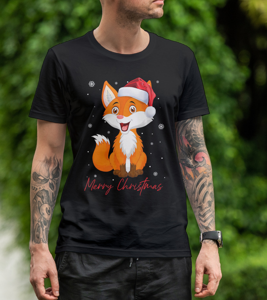 Merry Christmas Fox Santa Hat Snowflakes T-Shirt