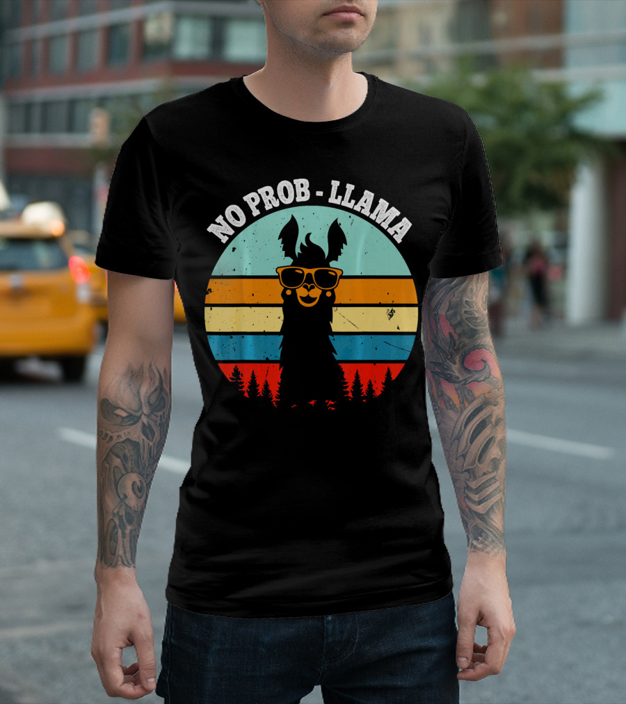 NO PROB LLAMA Retro Vintage Sunset Llama With Sunglasses And Trees T-Shirt