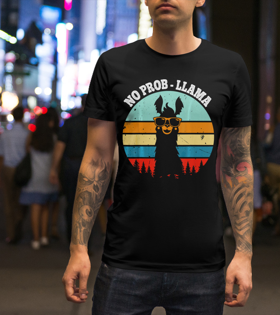 NO PROB LLAMA Retro Vintage Sunset Llama With Sunglasses And Trees T-Shirt