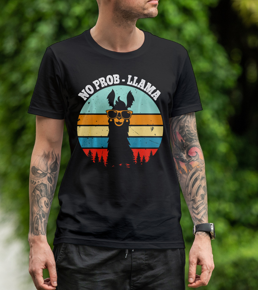 NO PROB LLAMA Retro Vintage Sunset Llama With Sunglasses And Trees T-Shirt