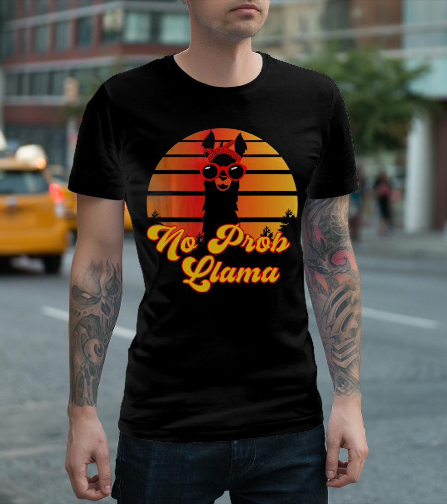 No Prob Llama Retro Cute Funny Llama With Sunset And Sunglasses T-Shirt