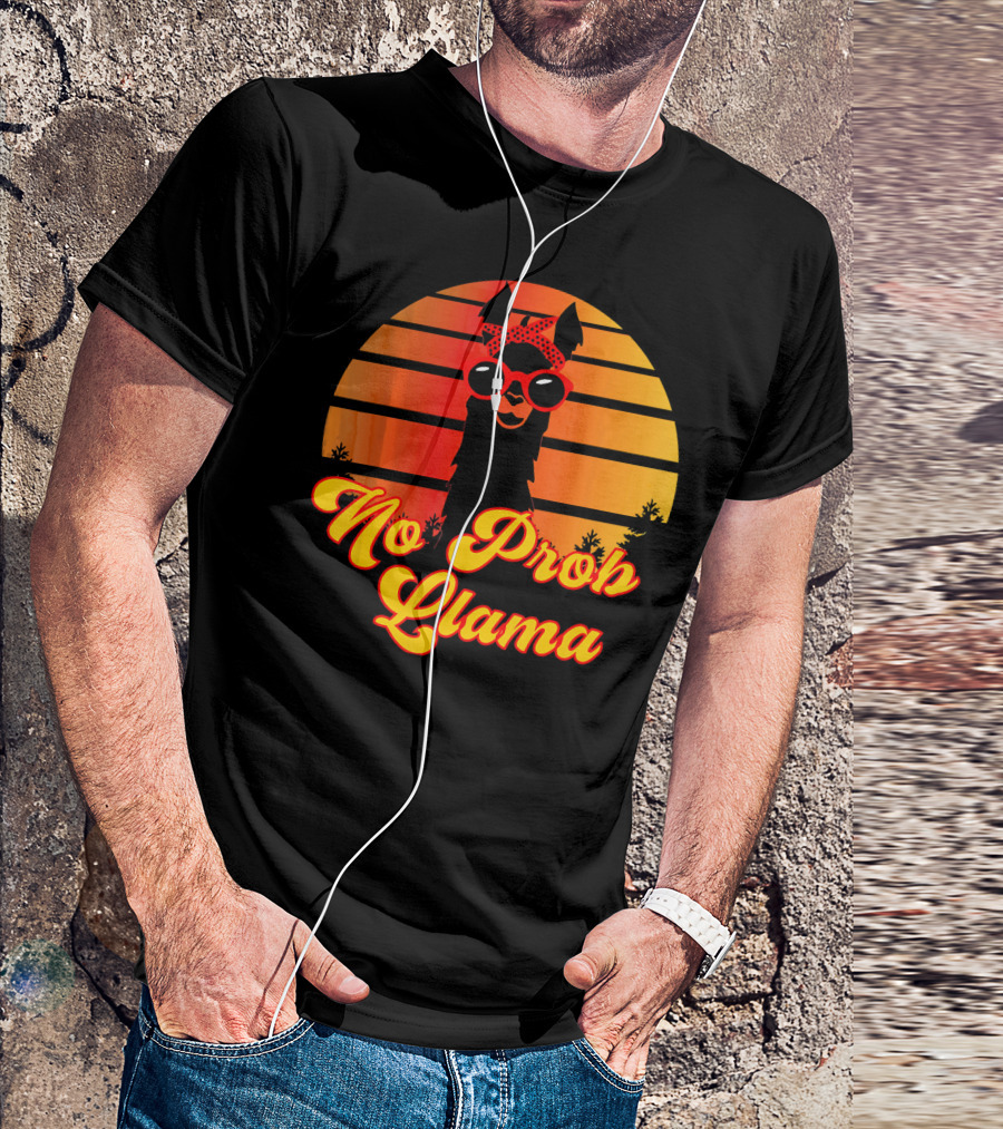 No Prob Llama Retro Cute Funny Llama With Sunset And Sunglasses T-Shirt