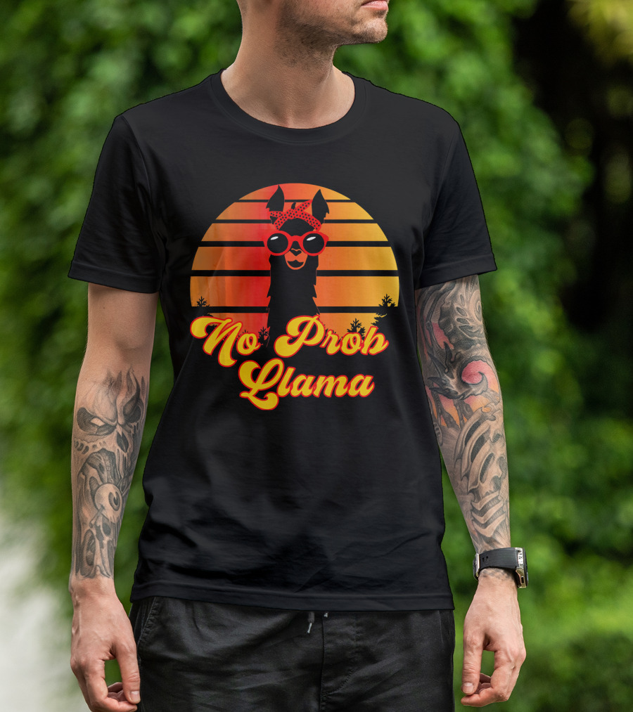 No Prob Llama Retro Cute Funny Llama With Sunset And Sunglasses T-Shirt