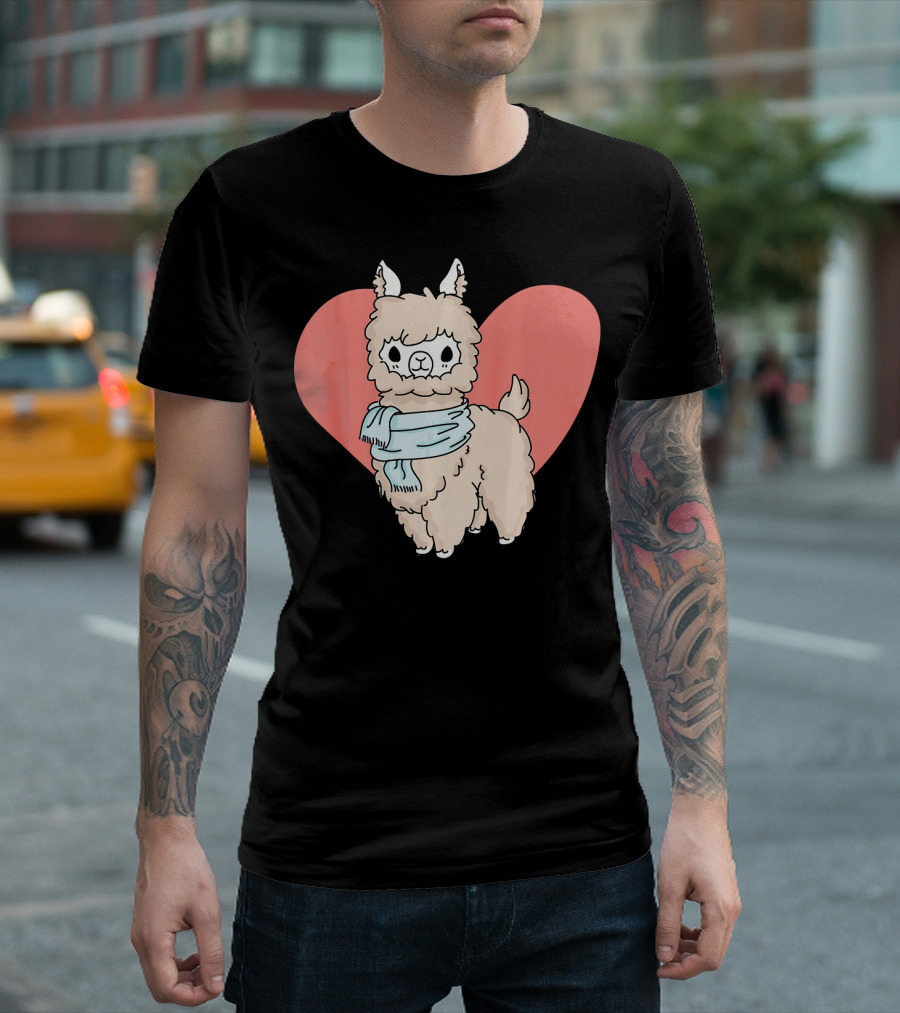 Sweet Llama Alpaca Heart With Blue Scarf T-Shirt