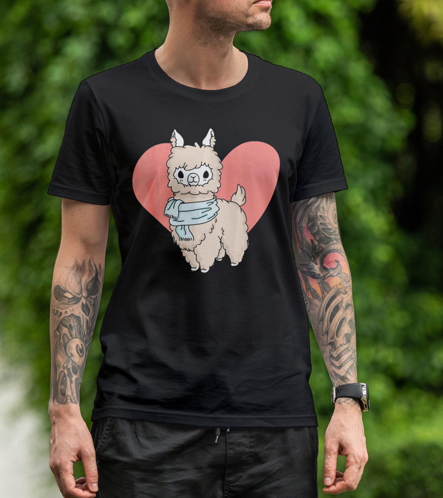 Sweet Llama Alpaca Heart With Blue Scarf T-Shirt