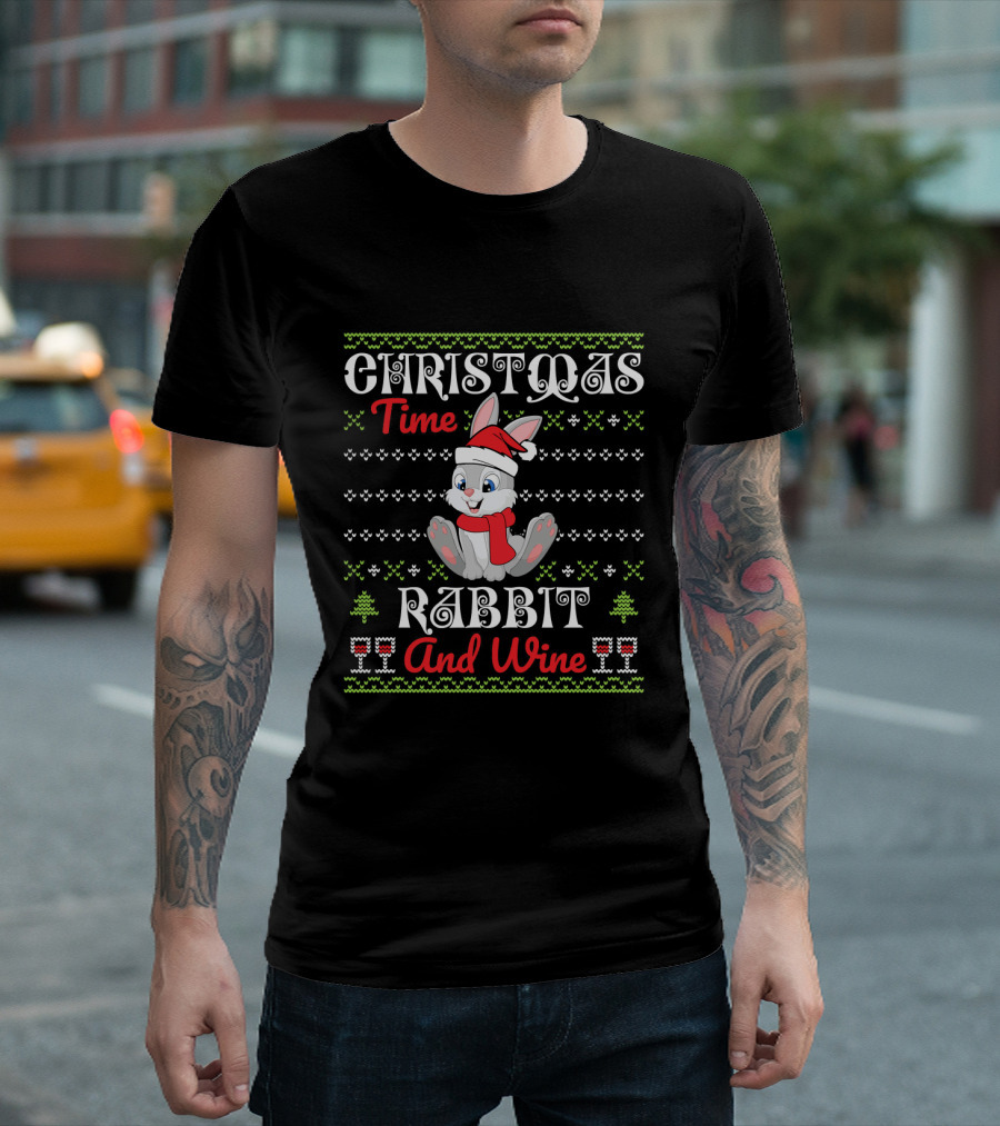 Christmas Time Rabbit and Wine with Santa Hat T-Shirt