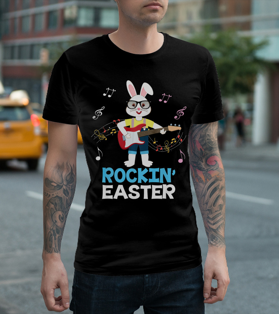 Rockin' Easter Bunny Playing Guitar with Musical Notes T-Shirt