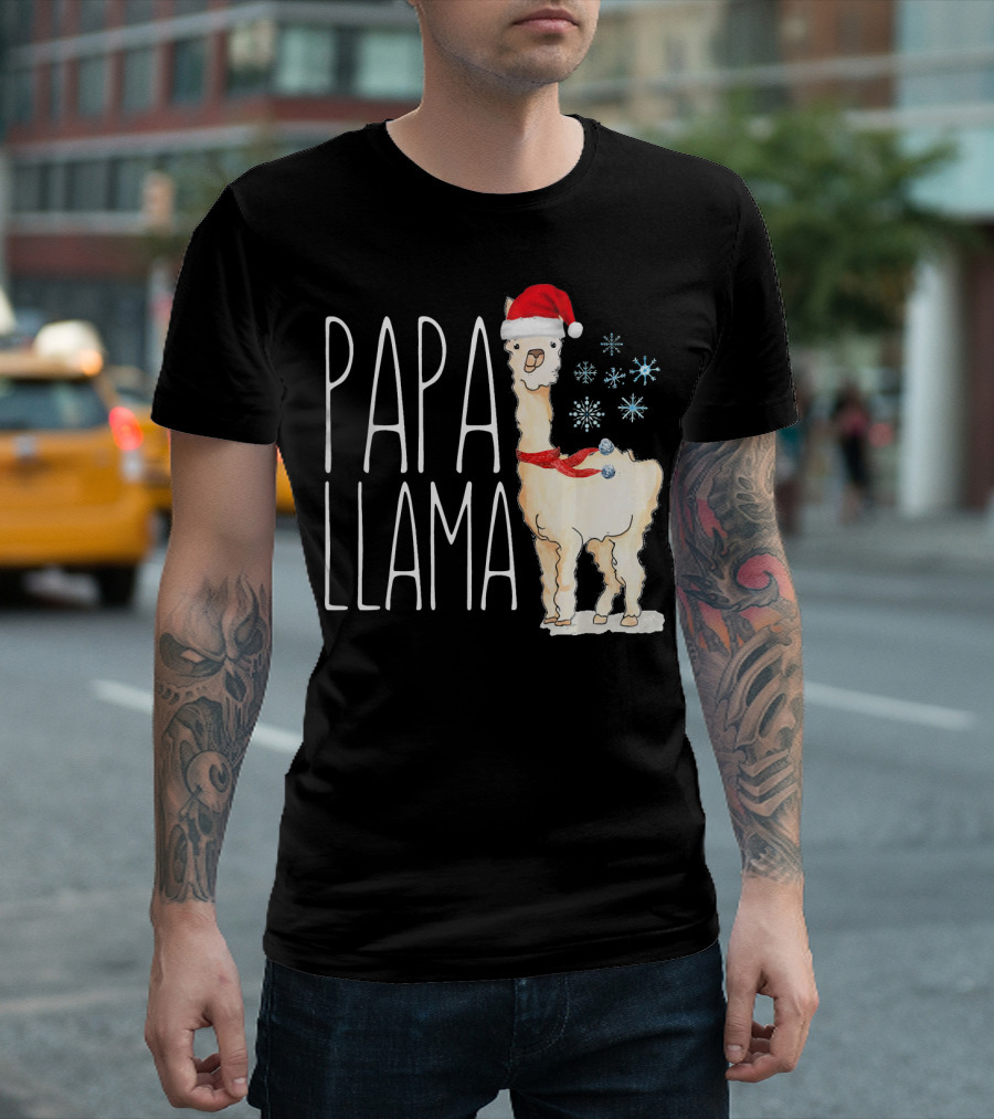 Papa Llama Santa Hat Christmas Snowflakes T-Shirt