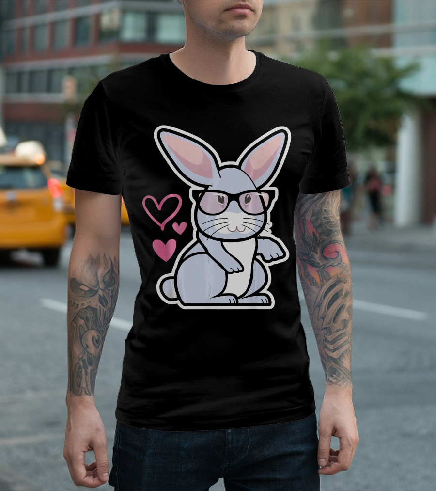 Nerdy Rabbit In Glasses With Pink Hearts T-Shirt