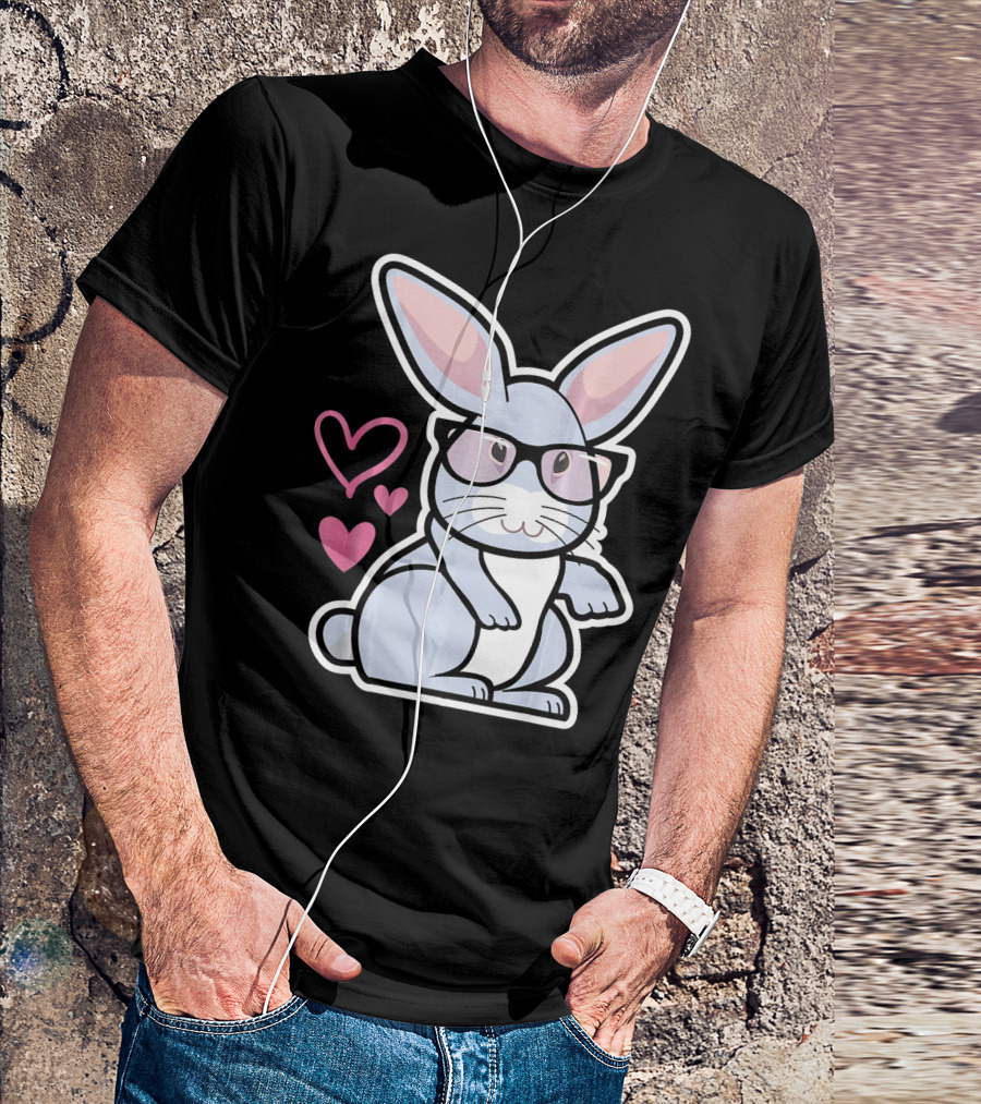 Nerdy Rabbit In Glasses With Pink Hearts T-Shirt