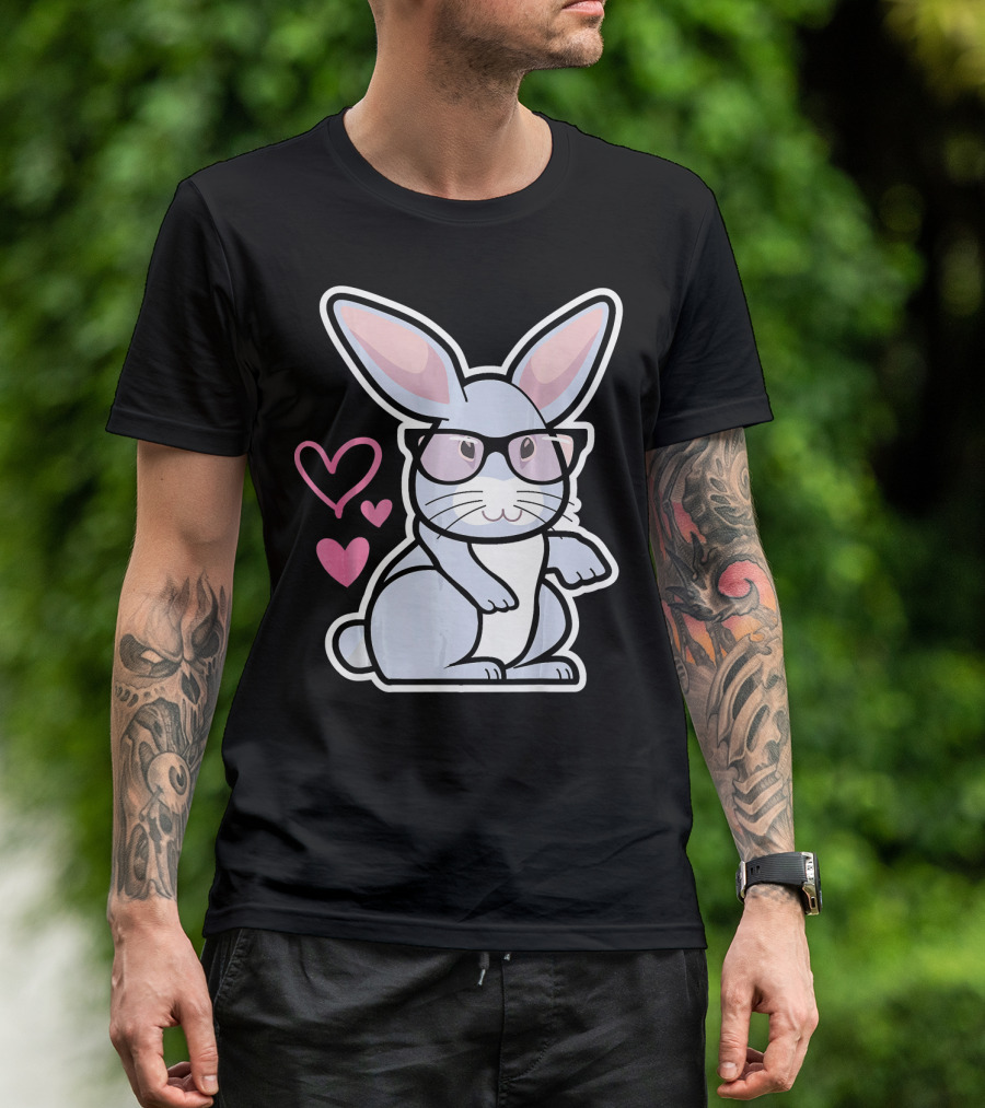 Nerdy Rabbit In Glasses With Pink Hearts T-Shirt
