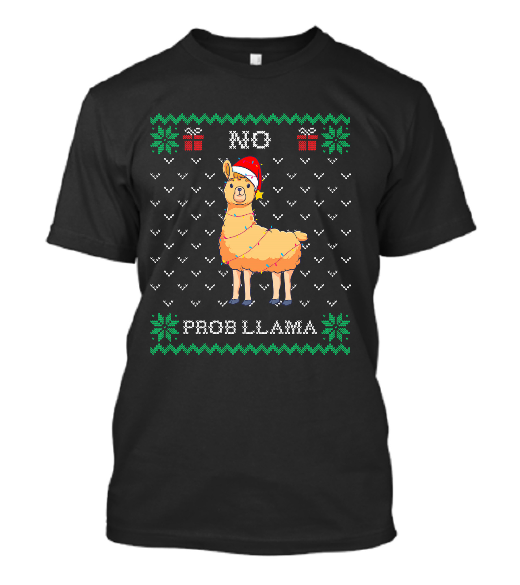 No Probllama Christmas Alpaca With Santa Hat And Holiday Lights T-Shirt