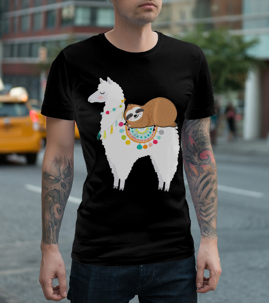 Sloth Cute Sleeping Sloth On Colorful Llama T-Shirt