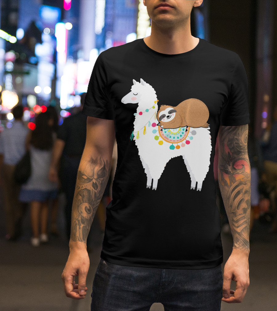 Sloth Cute Sleeping Sloth On Colorful Llama T-Shirt