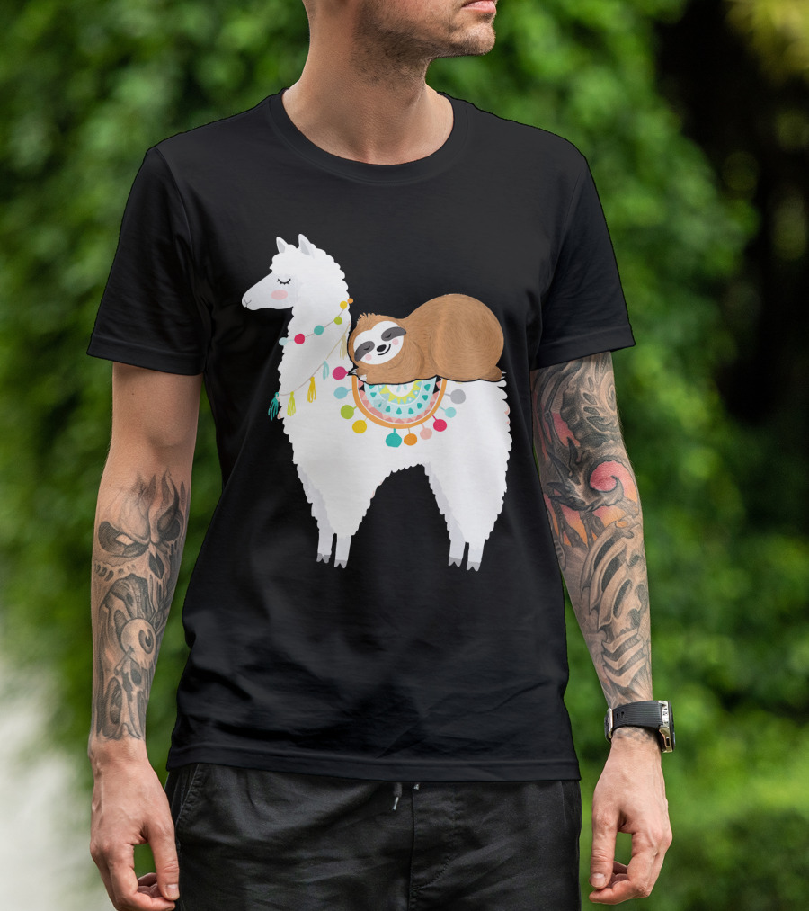 Sloth Cute Sleeping Sloth On Colorful Llama T-Shirt