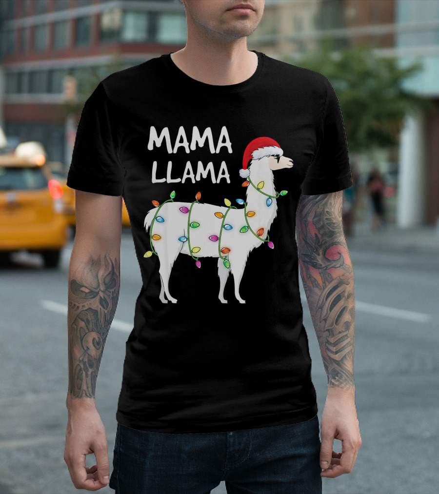 Mama Llama Christmas Lights Santa Hat Festive T-Shirt