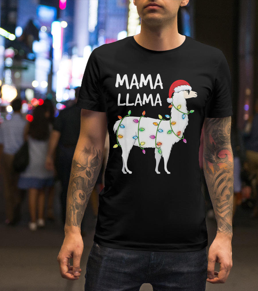 Mama Llama Christmas Lights Santa Hat Festive T-Shirt