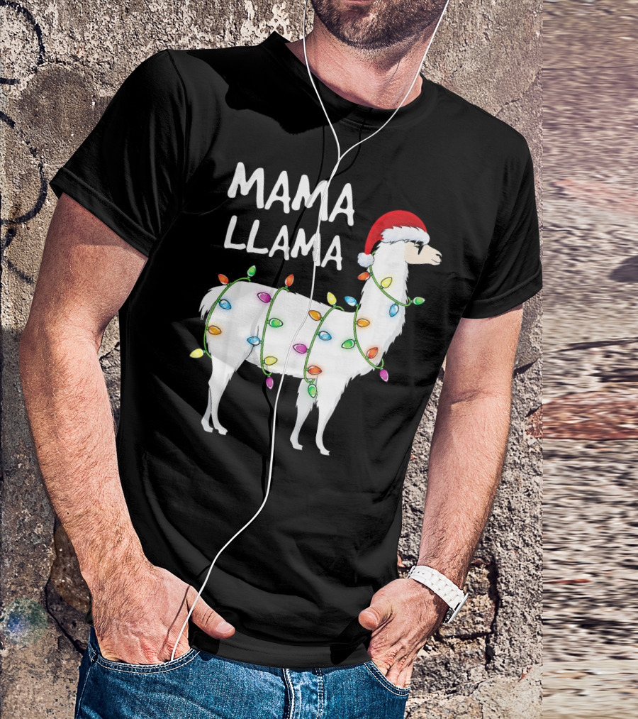 Mama Llama Christmas Lights Santa Hat Festive T-Shirt