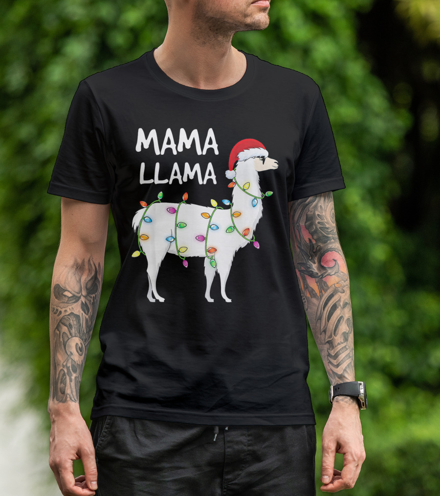Mama Llama Christmas Lights Santa Hat Festive T-Shirt