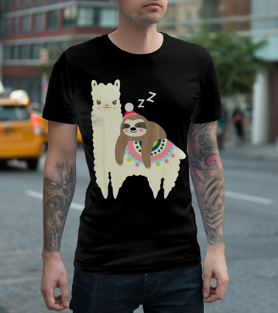 Sloth Snoozing on Alpaca Llama Adorable Sleepy Animal T-Shirt