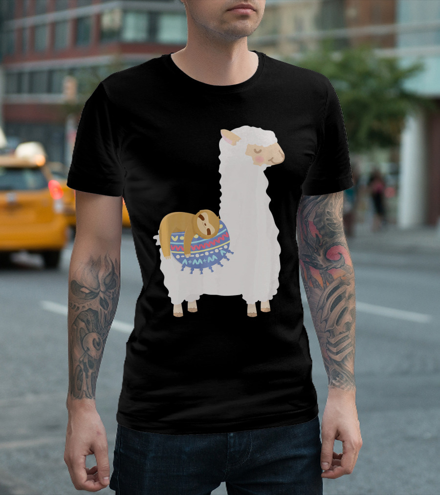 Sloth Sleeping on Colorful Blanket on White Llama Alpaca T-Shirt