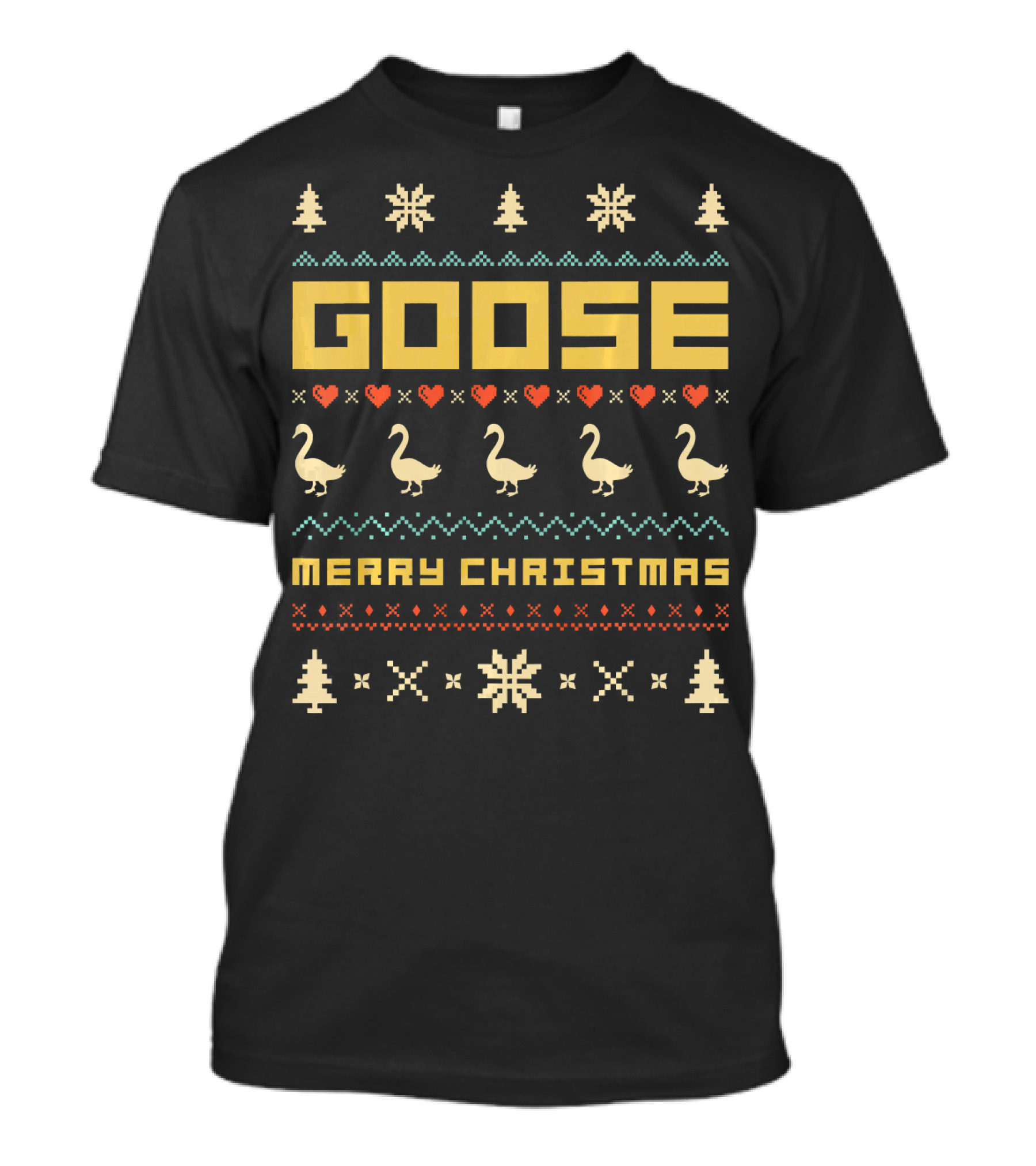 GOOSE Merry Christmas Retro 1970s Style Festive Design With Hearts And Snowflakes T-Shirt