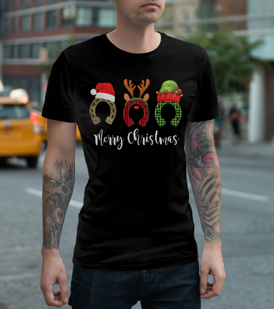 Merry Christmas Horse Riding Lovers Sarc Reindeer Elf Santa T-Shirt