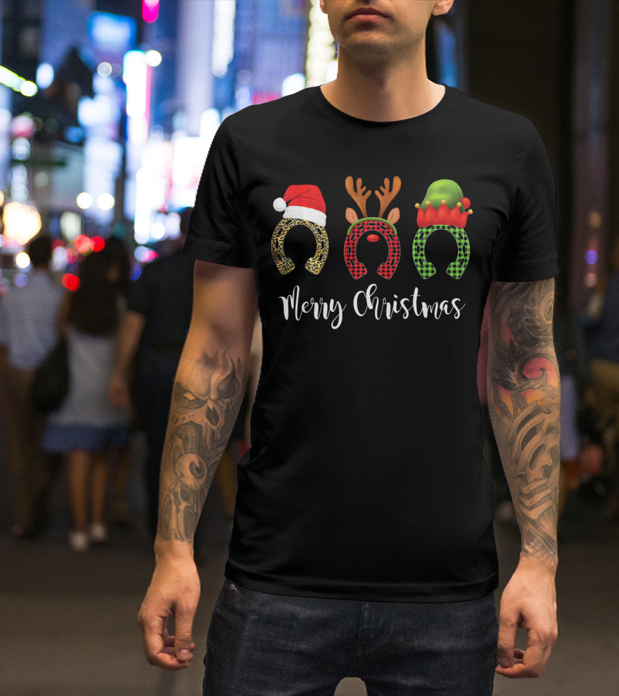 Merry Christmas Horse Riding Lovers Sarc Reindeer Elf Santa T-Shirt
