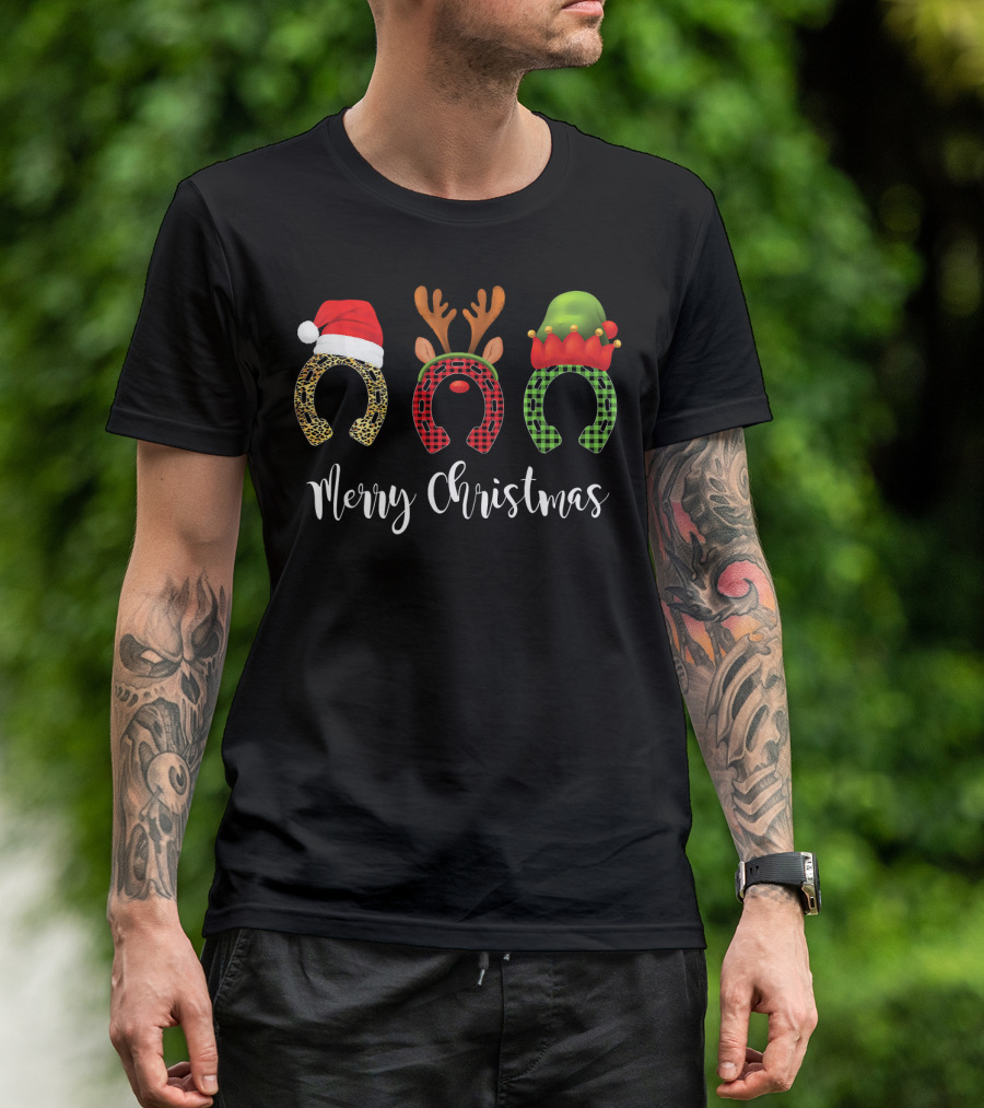 Merry Christmas Horse Riding Lovers Sarc Reindeer Elf Santa T-Shirt