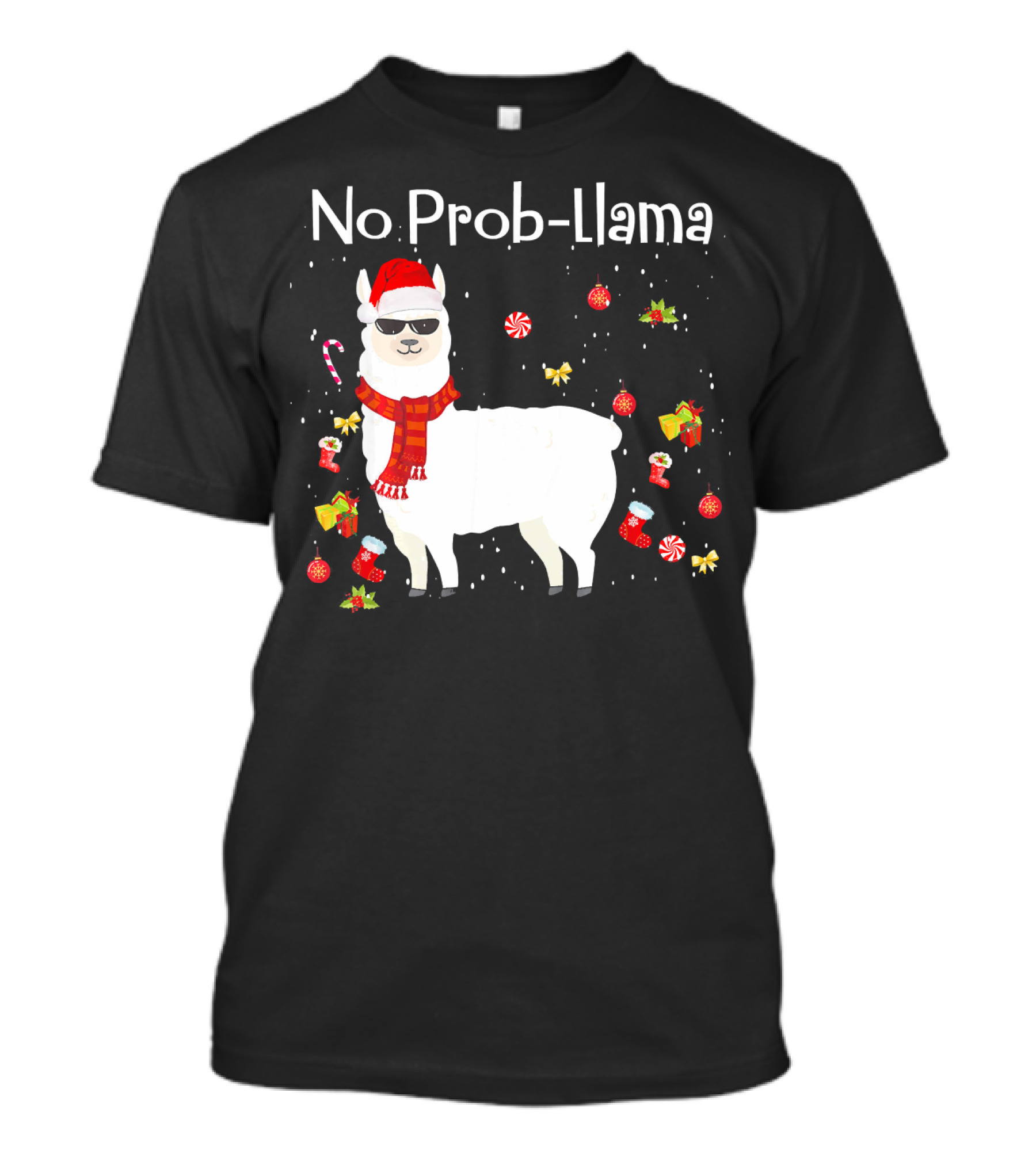 No Prob Llama Christmas Santa Hat Candy Canes Sunglasses Gifts T-Shirt