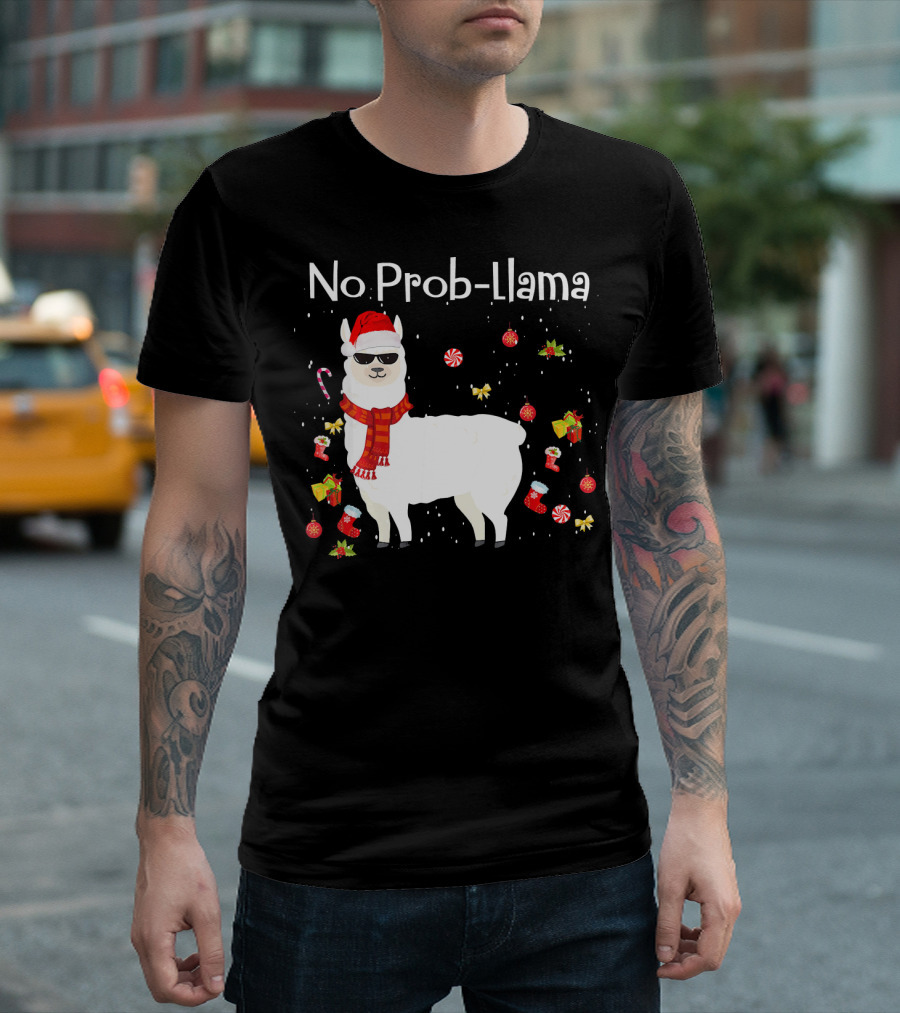 No Prob Llama Christmas Santa Hat Candy Canes Sunglasses Gifts T-Shirt