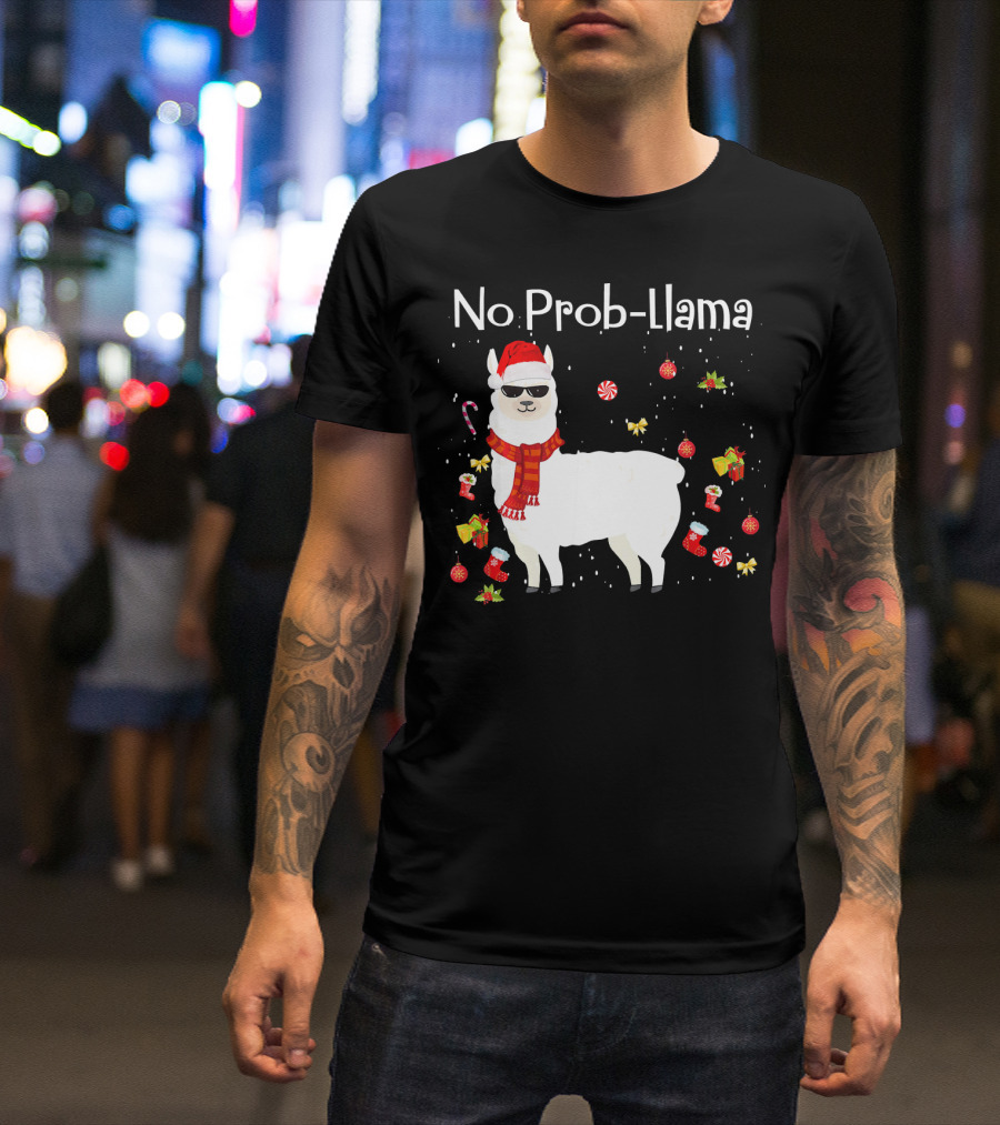 No Prob Llama Christmas Santa Hat Candy Canes Sunglasses Gifts T-Shirt